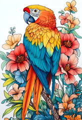 Obraz premium line art drawing of an exotic parrot perched on a branch, surrounded by blooming flowers and lush foliage.