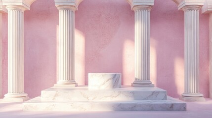 Naklejka premium Empty podium display with marble columns in a Greek style featuring a pink studio interior realistic 3D rendering Minimalist backdrop showcasing pedestal design and antique architecture elements