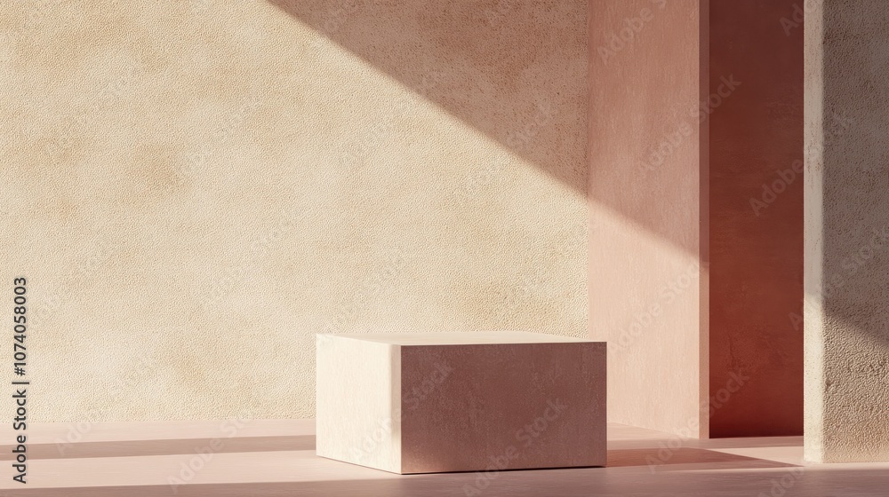 Poster 3D geometric shapes featuring a dusty pink cube and box podium in a minimal studio background Abstract illustration in natural color tones