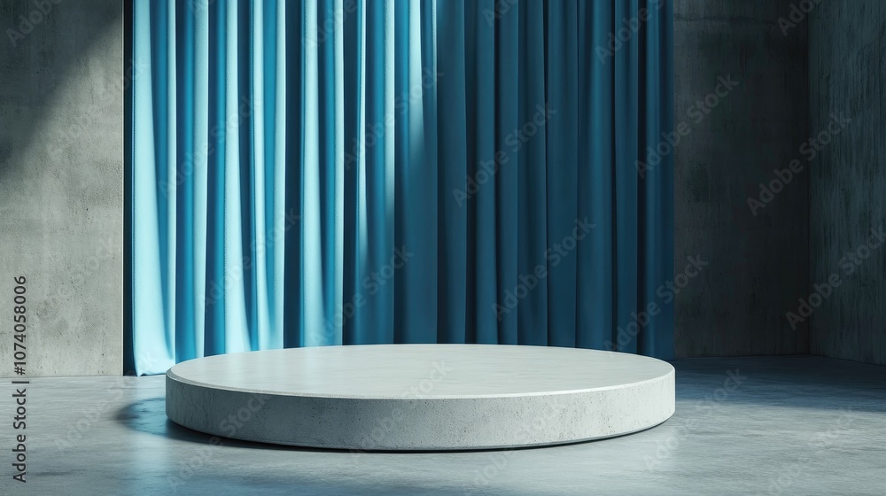 Aufkleber a podium on an empty stage featuring blue curtains and a concrete floor illustrating the concept of 