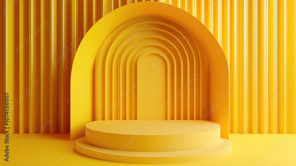 Poster 3D render of an abstract background featuring geometric shapes and a podium for product display Minimalistic design with a group of yellow elements
