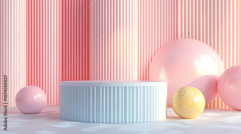 Aufkleber Minimalistic setup featuring a podium and an abstract backdrop Geometric shapes in pastel hues 3D representation of a box Composition showcasing geometric forms with a textured background ideal fo