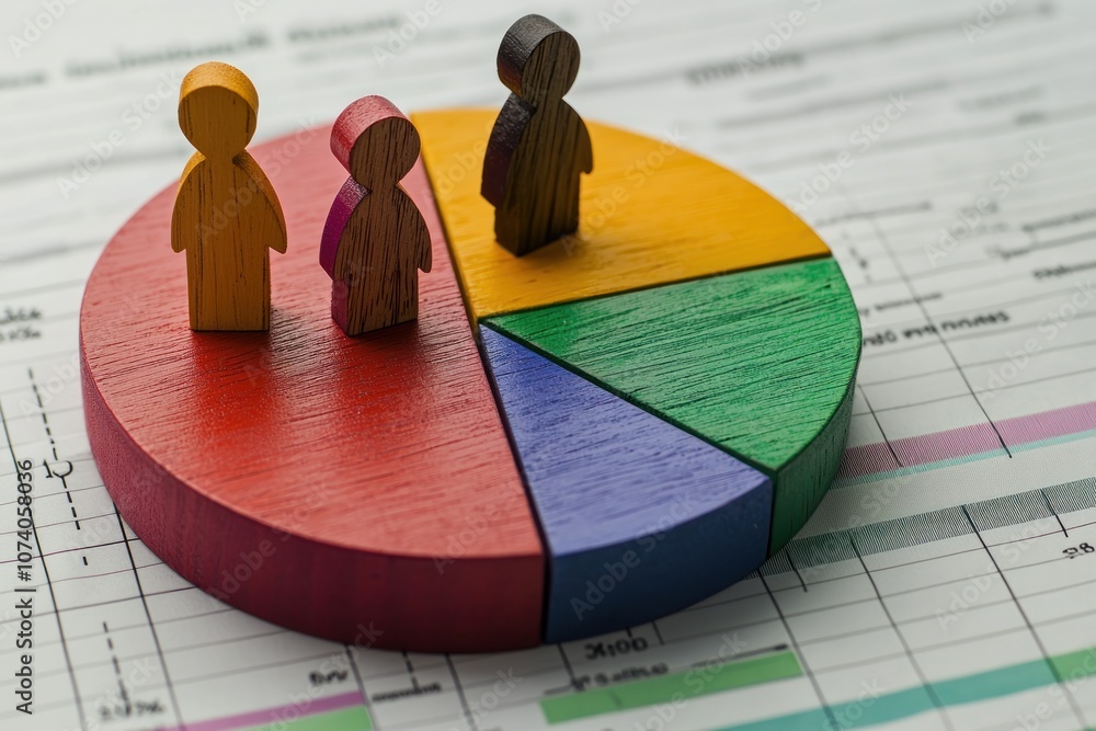 Poster Wooden Figures on Pie Chart Representing Business Data