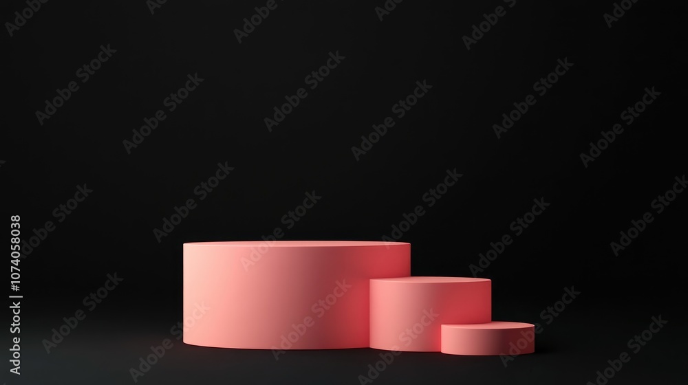 Poster pastel red cylindrical podium with steps set against a black background 3d render of an abstract geo
