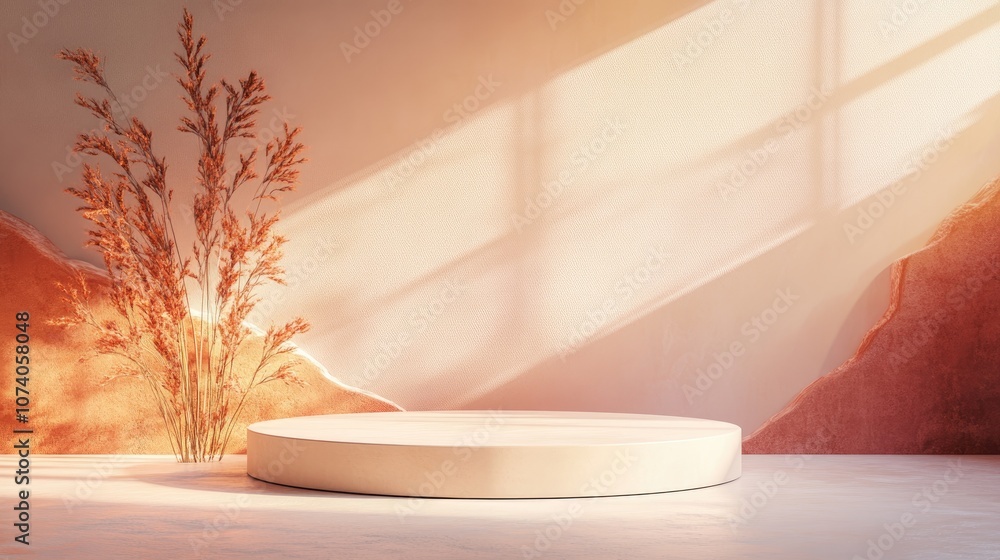 Aufkleber 3D rendering of a mockup background featuring a podium for product display Blank scene with an empty round stage for showcasing