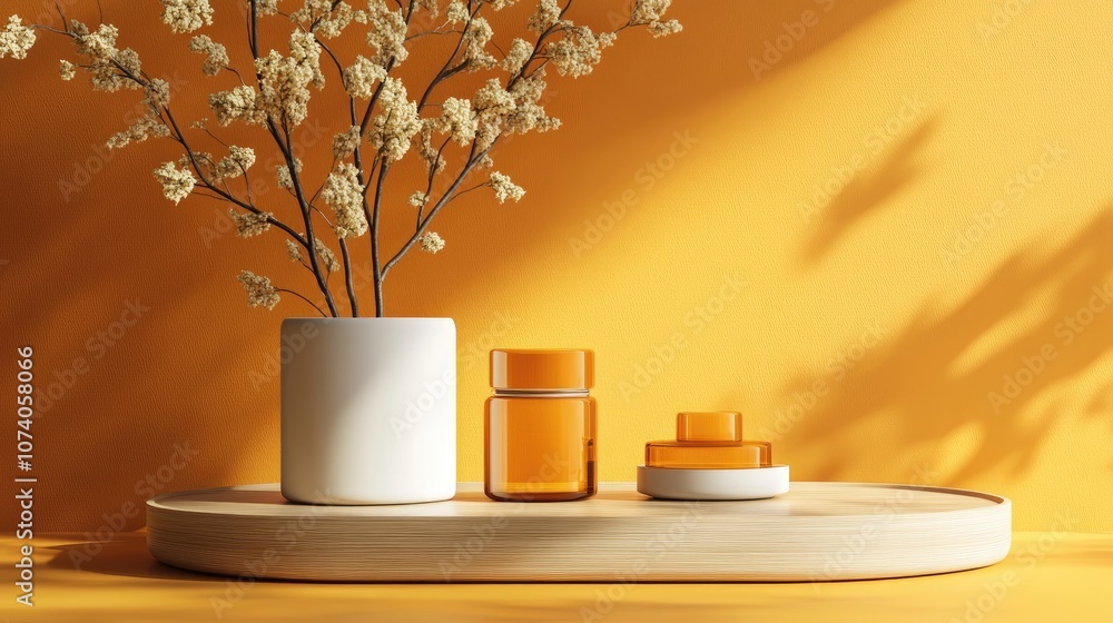 Fototapete Product display in a vibrant orange setting studio scene with minimalistic design 3D rendering
