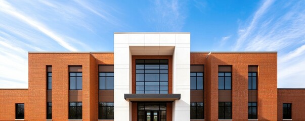 A contemporary building featuring a blend of brick and sleek white façade under a bright blue sky.
