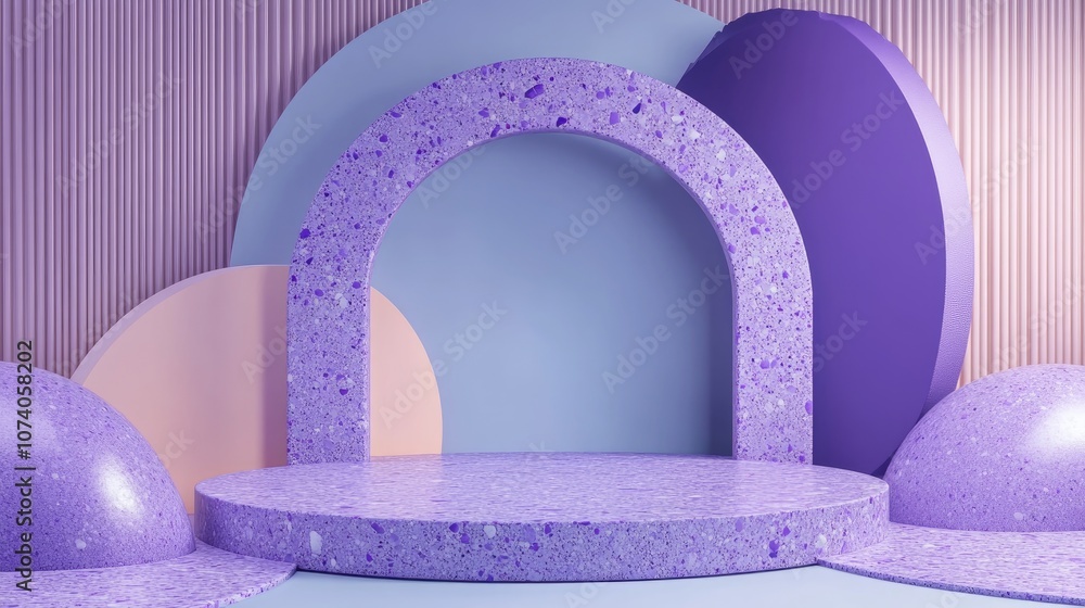 Poster 3D rendering of a minimal abstract background featuring violet and pastel colors The scene includes textured shapes and a podium with terrazzo layers and curved forms designed for product display 