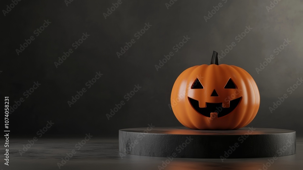 Poster 3d rendering of a halloween pumpkin beside a podium featuring a minimalist halloween themed backgrou