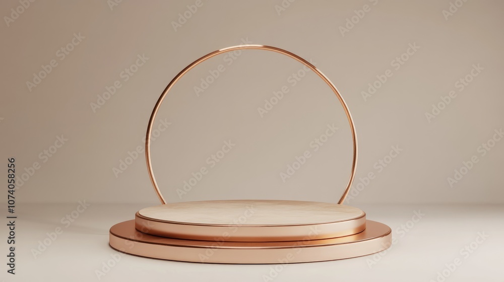 Poster Premium podium stand 3D rendering illustration featuring a modern minimalistic luxury rose gold platform designed for fashion presentations showcasing a blank empty studio with an abstract circula
