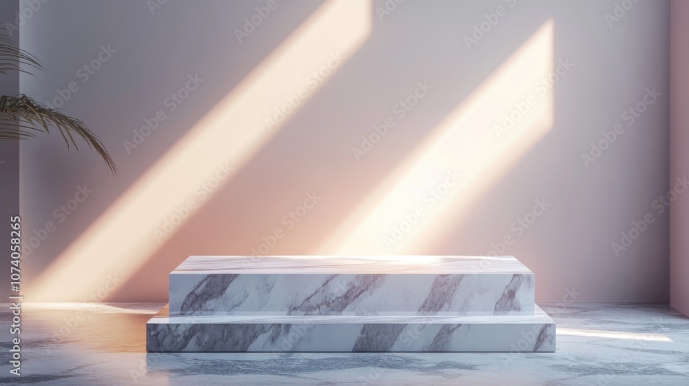 Poster Light pastel gradient background featuring a marble square display platform A minimalist studio setting with a podium against a gray backdrop 3D rendering