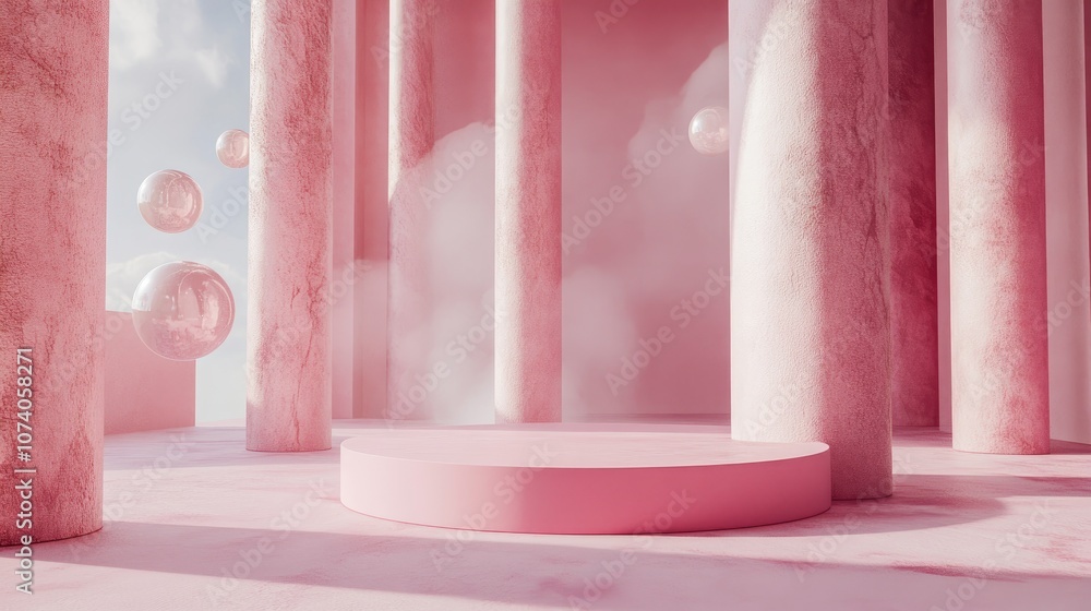 Poster Square pink backdrop featuring a pink pedestal and a minimalistic 3D abstract scene created through 3D rendering
