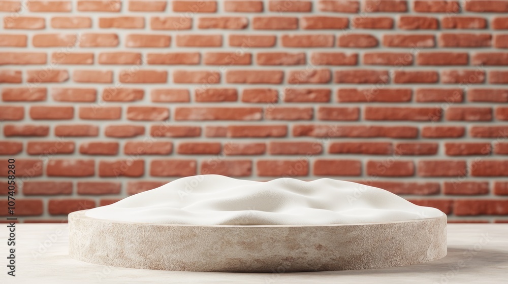 Poster minimalist mockup setting for showcasing products stone pedestal with white sand against a red brick