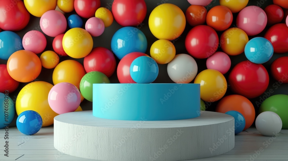 Poster colorful balls displayed on a pedestal podium stage 3d rendering