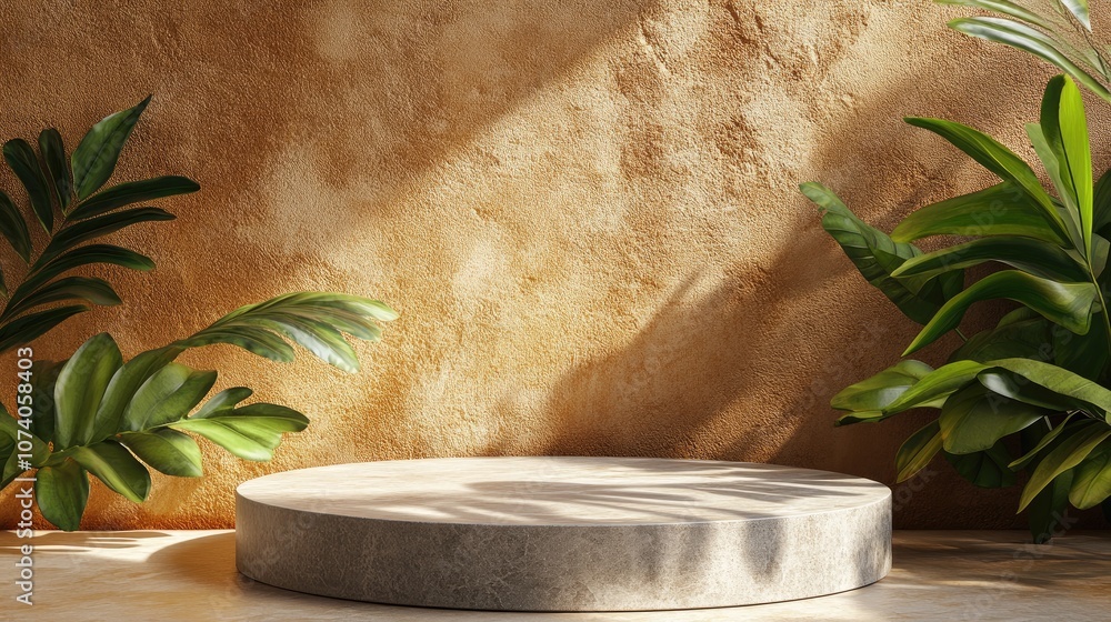 Poster Stone product display podium with shadow and natural leaves on a brown background 3D rendering