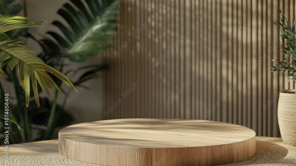 Poster 3d rendering of a wooden podium display featuring a plant in the background
