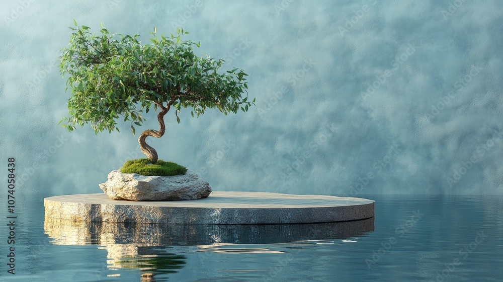 Aufkleber Abstract empty mock up product display platform floating on water with bonsai tree and submerged platform for product presentation 3D rendering illustration