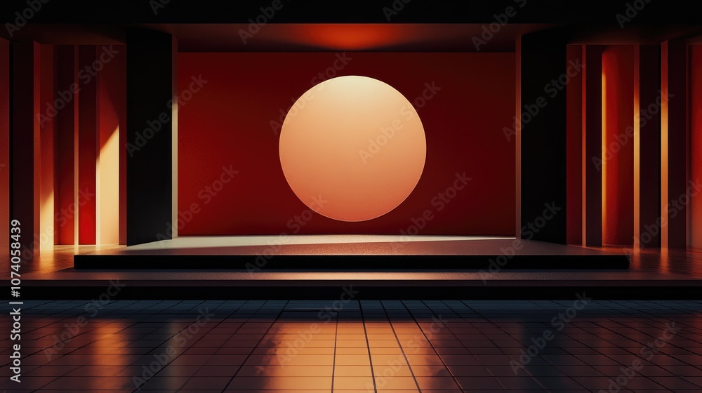 Poster an empty stage within a room rendered in 3d digital illustration
