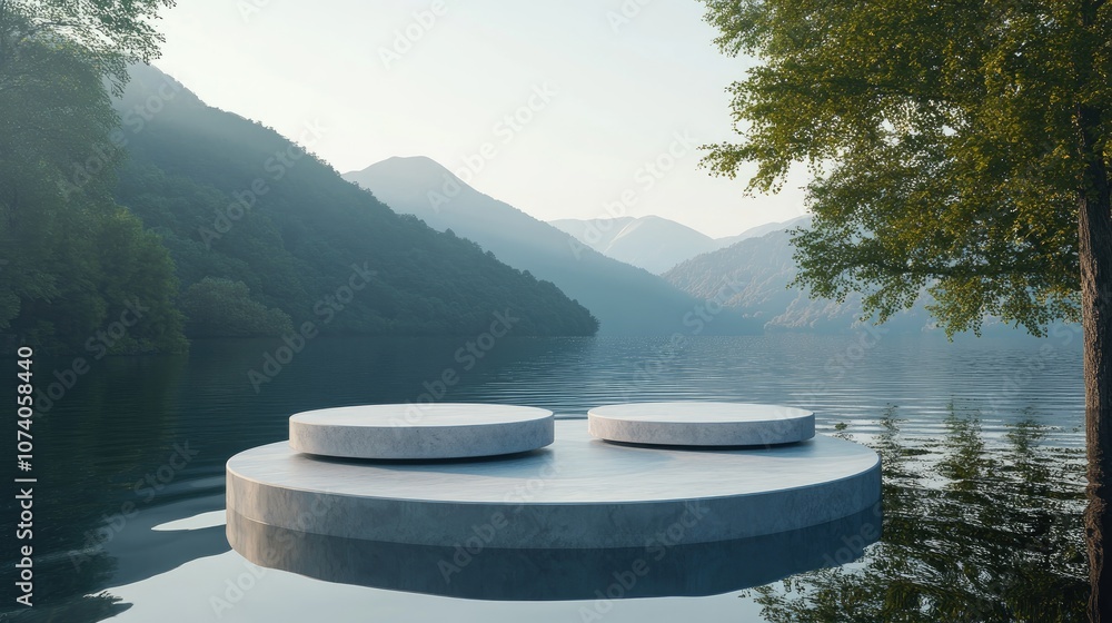 Poster 3D rendering of a podium with three circles on a lake