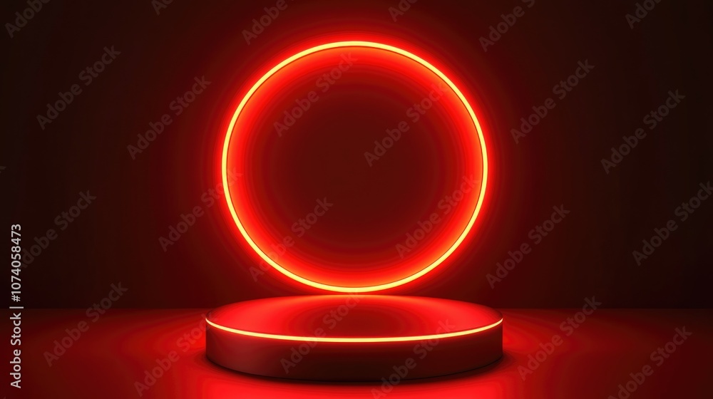 Poster red realistic 3d cylinder podium with glowing neon circular design abstract geometric rendering mini