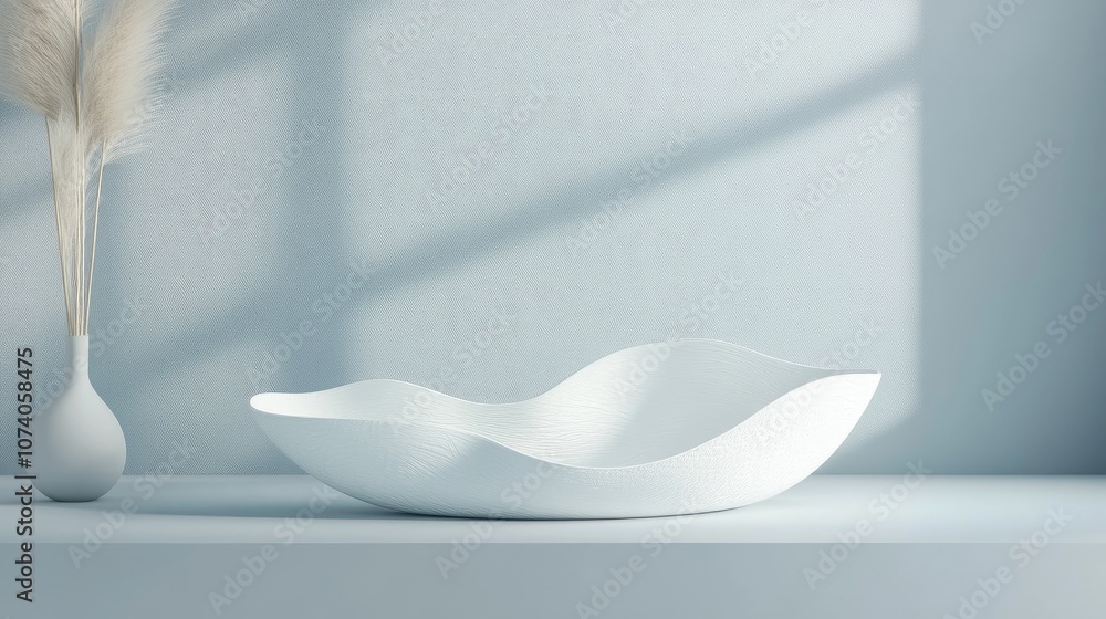 Poster minimalist product display stand mockup podium featuring an abstract design in white and soft pastel