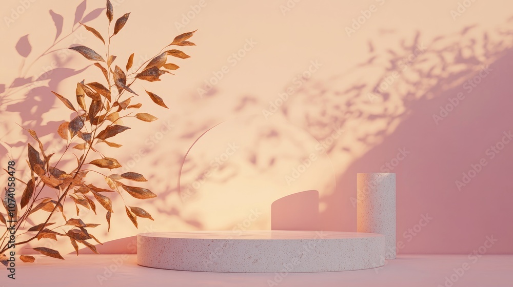 Poster Minimalist composition featuring a geometric shape with a cylinder podium set against a pink backdrop Seasonal greeting presentation in 3D rendering