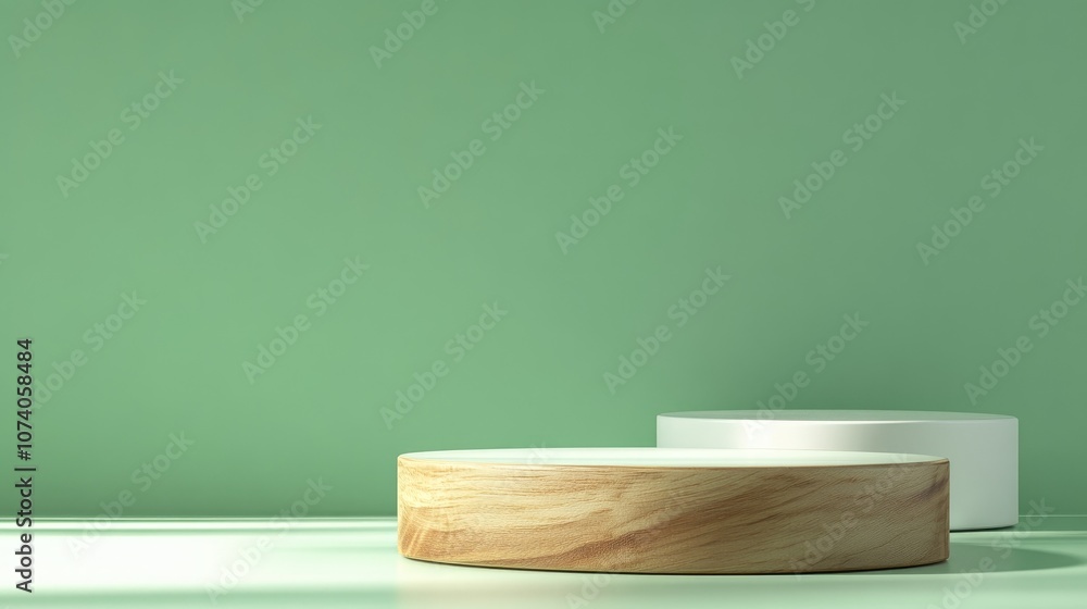 Poster 3d rendered image of a white and wooden podium set against a green backdrop for product display adve