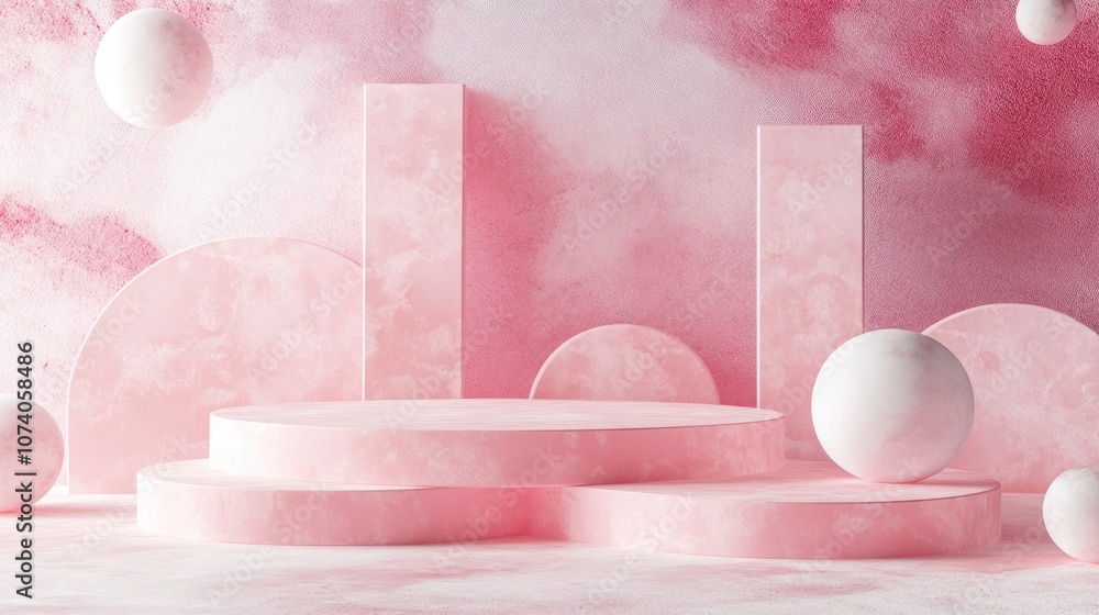 Poster minimalist 3d pink podium set against a soft pastel background featuring an abstract geometric shape