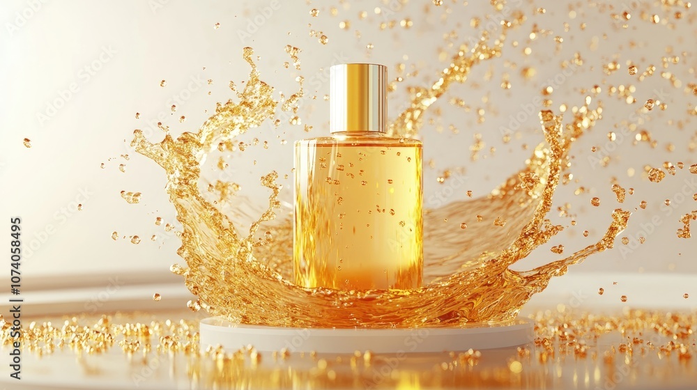 Poster Product display stand with gold water splashes in the background 3D rendering