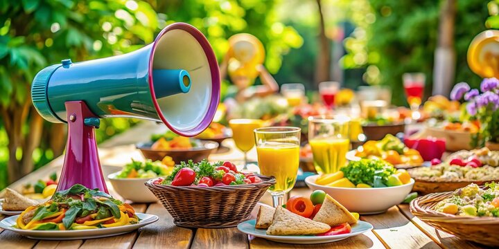 Captivating Food Presentation with a Megaphone Voice Amplifier Amplifying Flavorful Dishes at an Outdoor Event for an Engaging Culinary Experience in Vibrant Colors