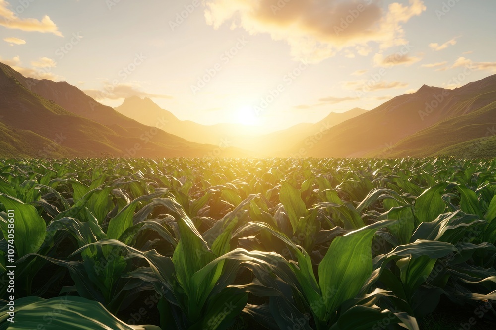 Poster lush green cornfield at sunset with mountain range in the background