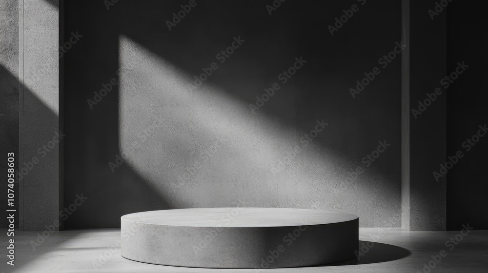Poster Minimalist studio background featuring a 3D gray and white cylindrical podium Abstract depiction of a geometric shape object