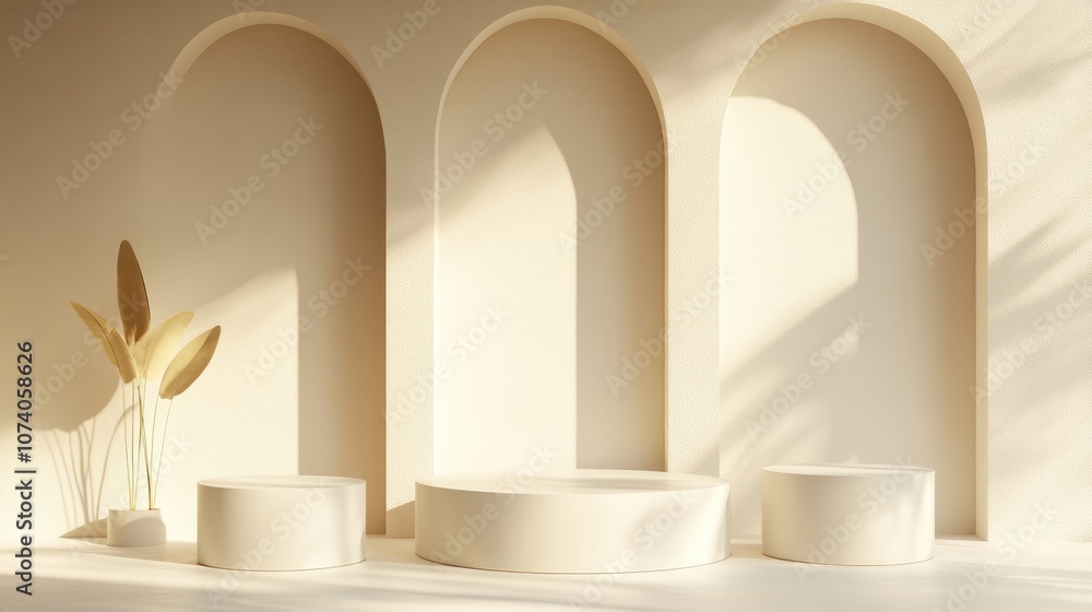 Poster Simple Minimalist Composition of Three White Podiums for Product Presentation Geometric Shapes in 3D Rendering with a Pastel Light Yellow Background and Natural Light Coming from the Right Side