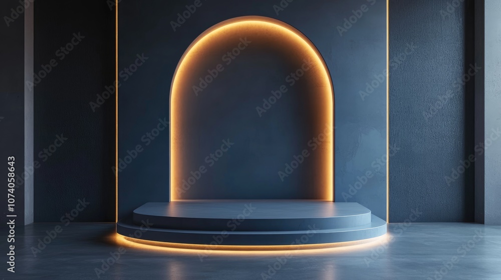 Poster Blue geometric pedestal for showcasing with illumination Vacant product display featuring a geometric design Minimalist style 3D render illustration