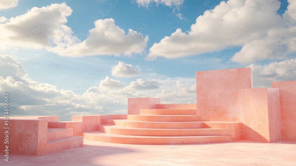 Aufkleber 3d render of stairs stage and podium set against a peach background with blue sky and clouds on a su