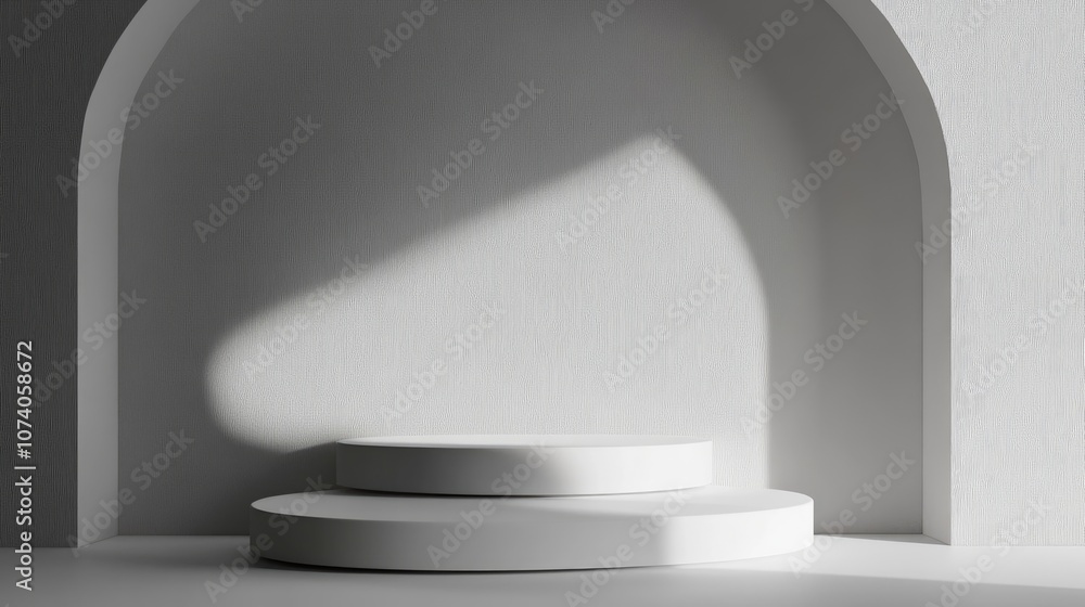 Poster minimalist white pedestal or podium in grayscale blank stage designed for product presentation 3d re