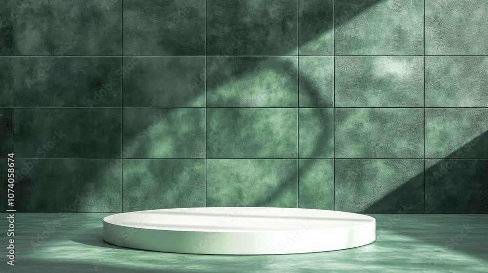 Poster white round cylinder podium against a square green textured wall with a white ring 3d render of an e