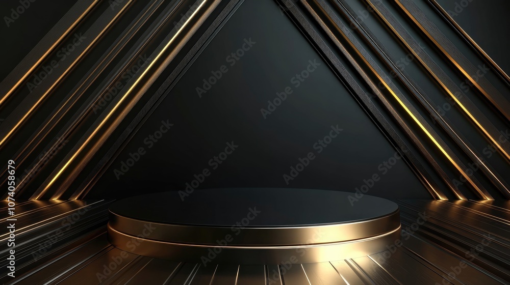 Poster Abstract podium background featuring geometric shapes in black and gold Minimalist 3D rendering ideal for product showcasing