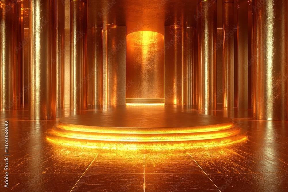 Poster Golden Platform with Circular Steps in a Room with Golden Columns