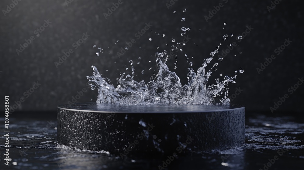 Poster Black podium over splashing water with a dark background 3D rendering