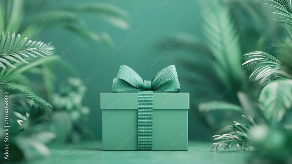 Poster simple product backdrop for holiday and sale promotions featuring a green gift box adorned with a gr