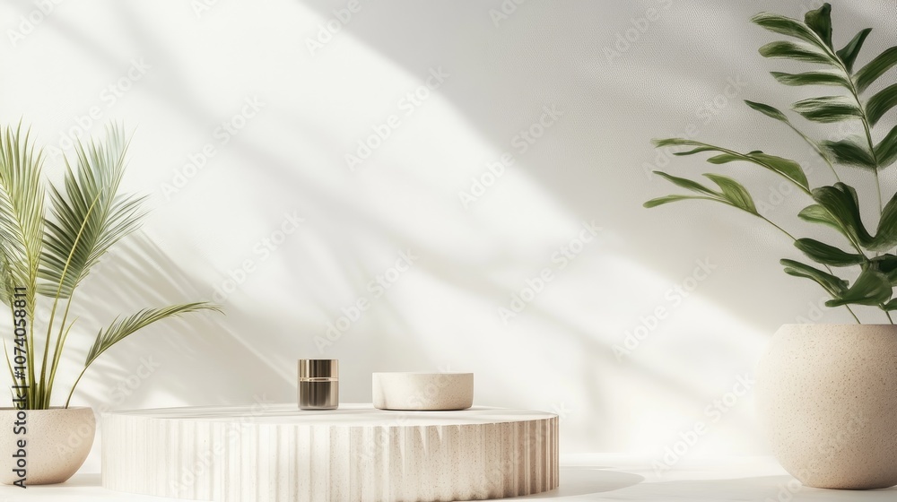 Poster Podium stage mockup for product presentation in a minimal white room featuring a 3D rendering studio designed for cosmetic products