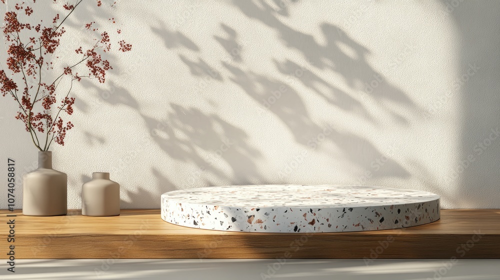 Aufkleber 3d terrazzo display podium on a wooden table with a white background 3d rendering of a product showc