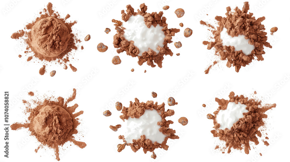 Poster explosions of cocoa powder and dry milk on a transparent background generative ai