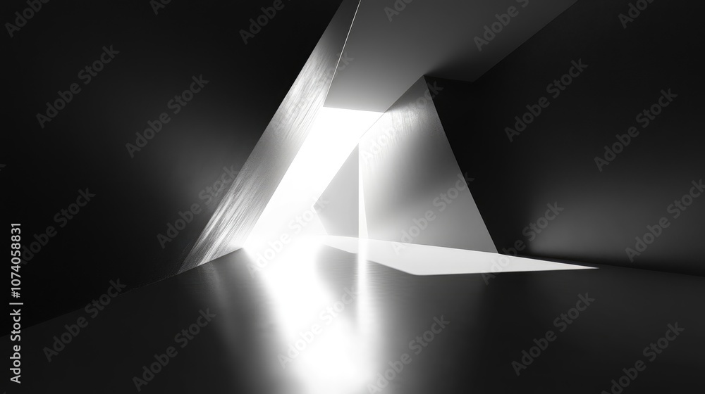 Poster 3D render of an abstract black geometric background featuring bright white light streaming through a small opening in a dark space resembling a corridor or tunnel A futuristic portal is depicted a