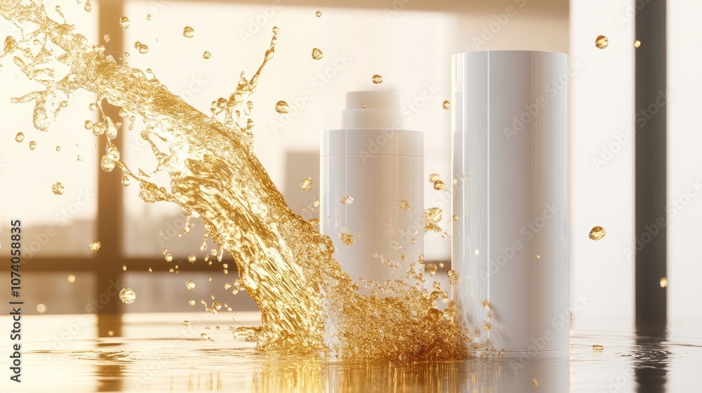 Poster Product display stand with gold water splashes in the background 3D rendering