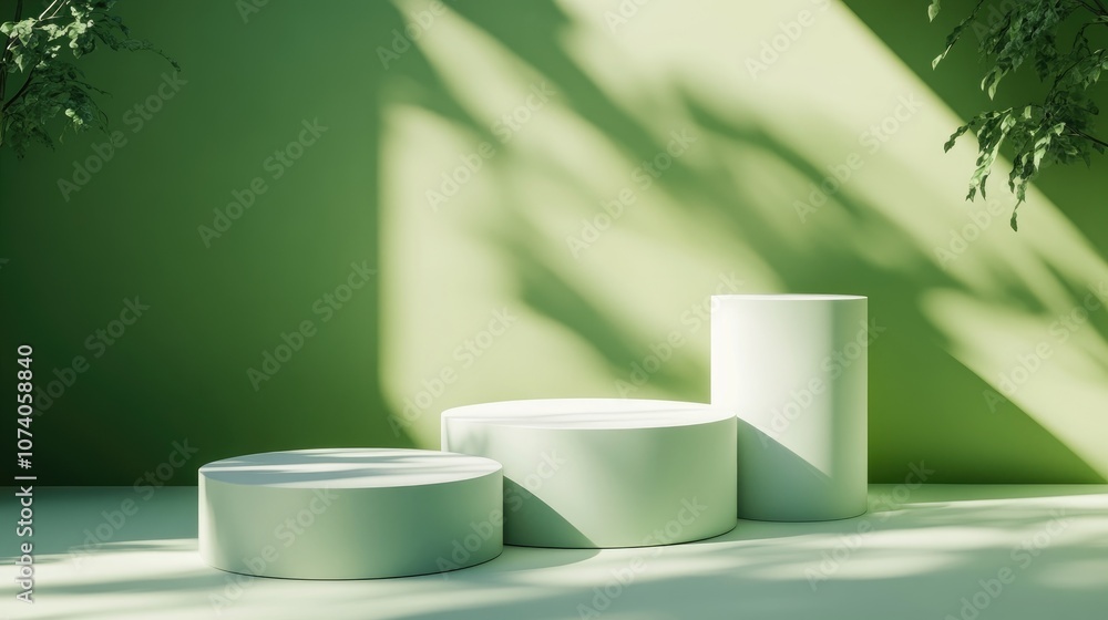 Poster minimalist abstract scene featuring geometric forms including a cylinder podium set against a green 