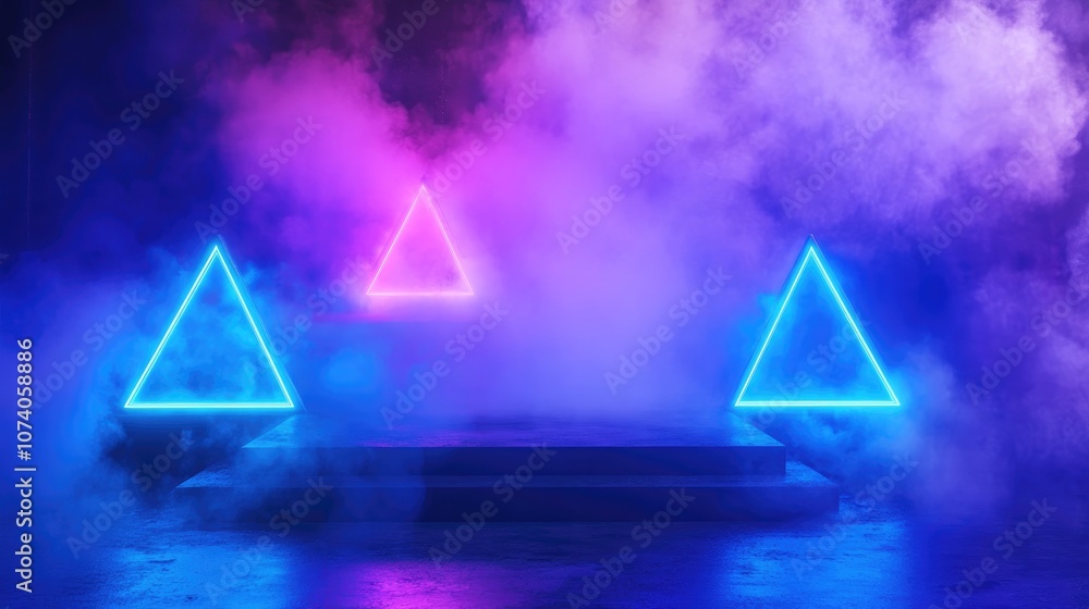 Poster smoke fog and mist envelop a neon lit futuristic podium featuring glowing laser triangles in blue an