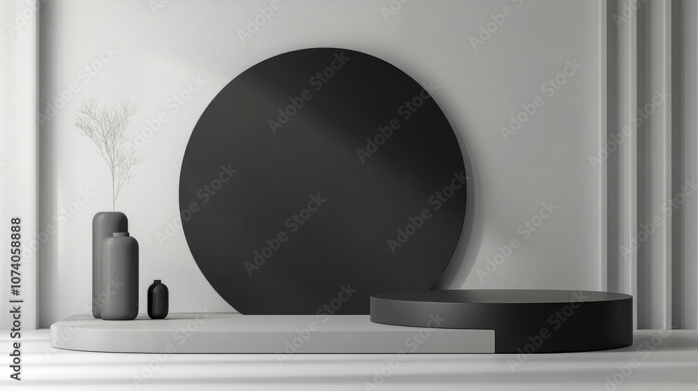 Poster minimalist 3d gray and black cylindrical podium with an abstract geometric shape ideal for product p