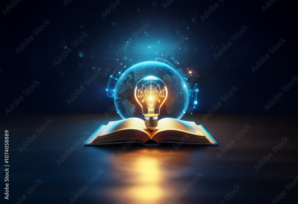 Poster an open book with a glowing lightbulb inside a globe, symbolizing knowledge and inspiration.